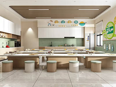School Modern Kitchen Interior With Long Countertops Stools And White Cabinets 3d model