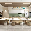 School Modern Kitchen Interior With Long Countertops Stools And White Cabinets 3d model