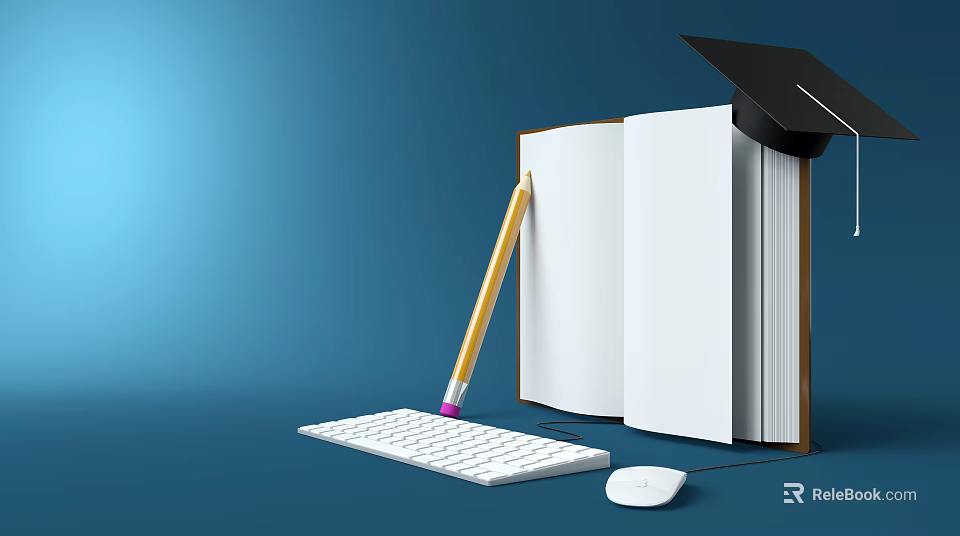 White Computer Keyboard and Mouse with Open Book Graduation Cap and Pencil on Blue Background 3d model 