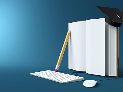 White Computer Keyboard and Mouse with Open Book Graduation Cap and Pencil on Blue Background 3d model