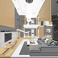 Modern Open Living Dining Room Interior With Wooden Walls Gray Sofa And Chandelier