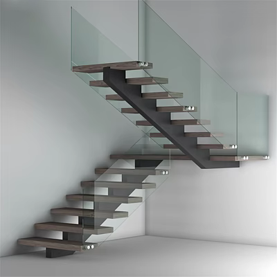 Modern Floating Staircase Design With Glass Railings And Wooden Steps 3d model