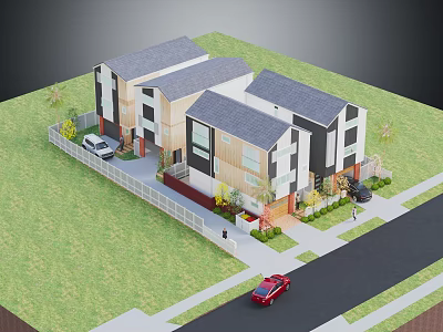 Modern Townhouses With Gray Roofs White Wooden Exteriors Green Lawns Driveway And Parked Cars 3d model