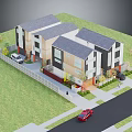 Modern Townhouses With Gray Roofs White Wooden Exteriors Green Lawns Driveway And Parked Cars