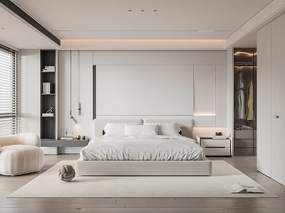 Modern Minimalist Bedroom Interior With White Platform Bed Sleek Bedhead Wall And Accent Chair 3d model