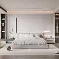 Modern Minimalist Bedroom Interior With White Platform Bed Sleek Bedhead Wall And Accent Chair