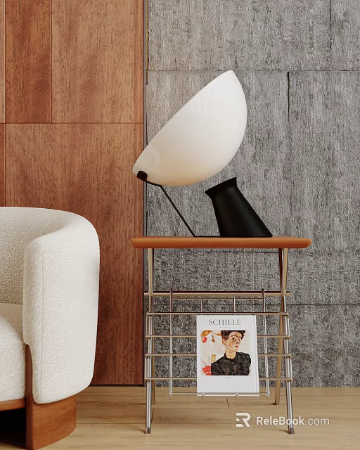 Modern White Table Lamp With Black Base On Wooden Side Table Near White Sofa 3d model 