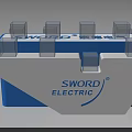 Blue And White Display Shelf With SWORD ELECTRIC Logo And Transparent Compartments