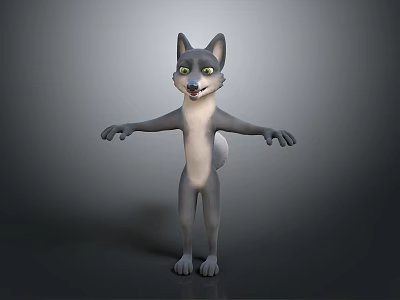 Cartoon Wolf Character With Grey White Fur Green Eyes Standing Open Arms 3d model