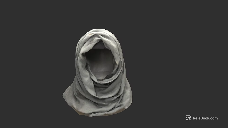 Model Wearing Gray Headscarf Covering Full Head Against Dark Background 3d model