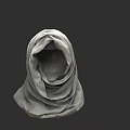 Model Wearing Gray Headscarf Covering Full Head Against Dark Background 3d model