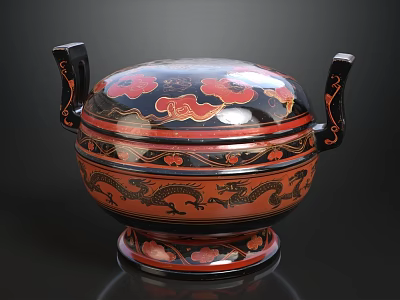 Traditional Black Red Decorative Container With Dragon Pattern And Lid Handles 3d model