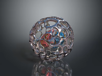 Intricate Hollow Metallic Sphere With Colorful Inner Elements Shiny Surface And Reflective Base 3d model