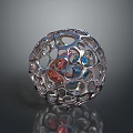 Intricate Hollow Metallic Sphere With Colorful Inner Elements Shiny Surface And Reflective Base