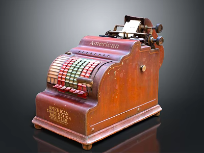 Antique American Register Cash Register Featuring Wooden Body Colorful Keys And Paper Roll 3d model
