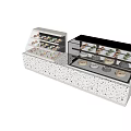 Elegant Glass Display Shelves with Terrazzo Countertop and Layered Pastries in Bakery Shop