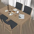 Natural Light Wood Dining Table Set with Gray Chairs and Coffee Cups Dessert on Table