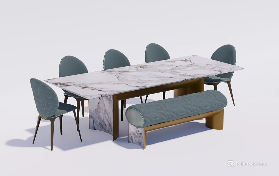 Elegant Modern Dining Table Set With Marble Top Grey Chairs And Upholstered Bench 3d model
