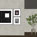 Black And White Geometric Wall Artworks With Green Plant In Modern Room 3d model