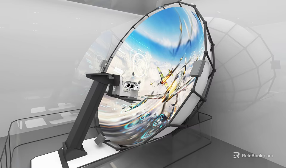 Modern Exhibition Hall Featuring Large Circular Display With Dynamic Sky And Flying Elements 3d model 