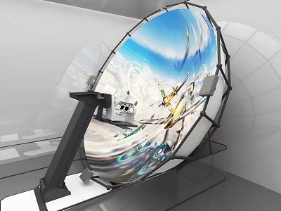 Modern Exhibition Hall Featuring Large Circular Display With Dynamic Sky And Flying Elements 3d model