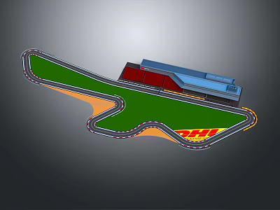DHL Logo Featured 3D Race Track Model With Green Area And Buildings 3d model