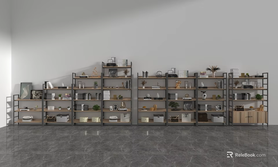 Modern Combined Bookshelf With Multi Tiered Shelves Books Decorative Items And Green Plants 3d model 
