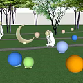 Illuminated Garden Ornaments Featuring Colorful Spheres And Moon Shape On Night Lawn With Trees