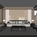 Modern Chinese Style Living Room Interior With Sofa Coffee Table Staircase And Wall Art