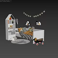 Cozy White Kids Bed With Black And White Striped Bedding Star Wall Decor And Toys
