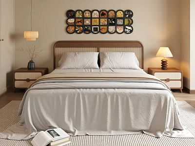 Double Bed With Wooden Headboard Light Colored Bedding Nightstands And Wall Decor In Modern Bedroom 3d model