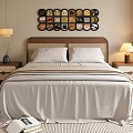 Double Bed With Wooden Headboard Light Colored Bedding Nightstands And Wall Decor In Modern Bedroom
