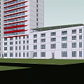 Modern High Rise Office Building Featuring Glass Curtain Walls Red Accents Green Lawns Parking Areas