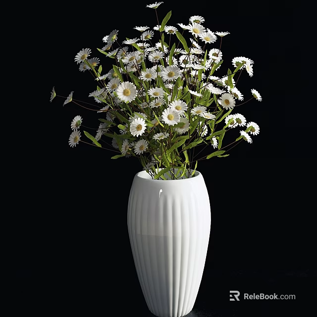 White Ribbed Ceramic Vase With Fresh White Daisies Decorative Flower Arrangement 3d model 