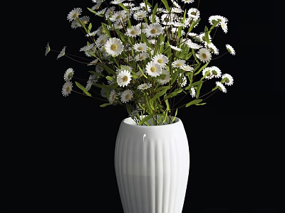 White Ribbed Ceramic Vase With Fresh White Daisies Decorative Flower Arrangement 3d model