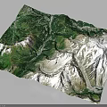 Detailed 3D Mountainous Terrain Model With Snowy Peaks And Green Vegetation Valleys
