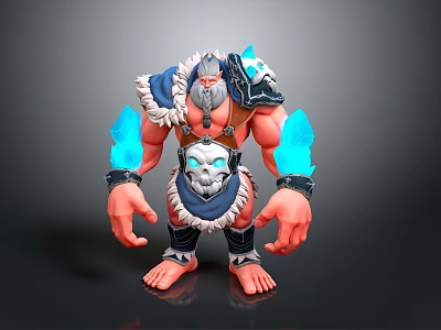 3D Helmeted Fantasy Warrior Model With Muscular Build Blue Flame Arms And Skull Decor 3d model