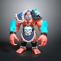 3D Helmeted Fantasy Warrior Model With Muscular Build Blue Flame Arms And Skull Decor