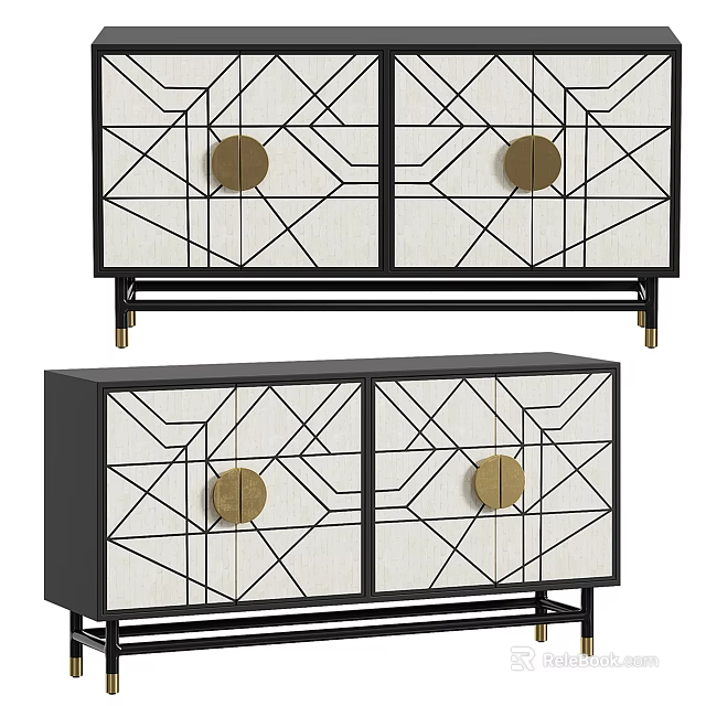 Modern Display Cabinets with Geometric Patterns Gold Round Handles Black And White Design 3d model