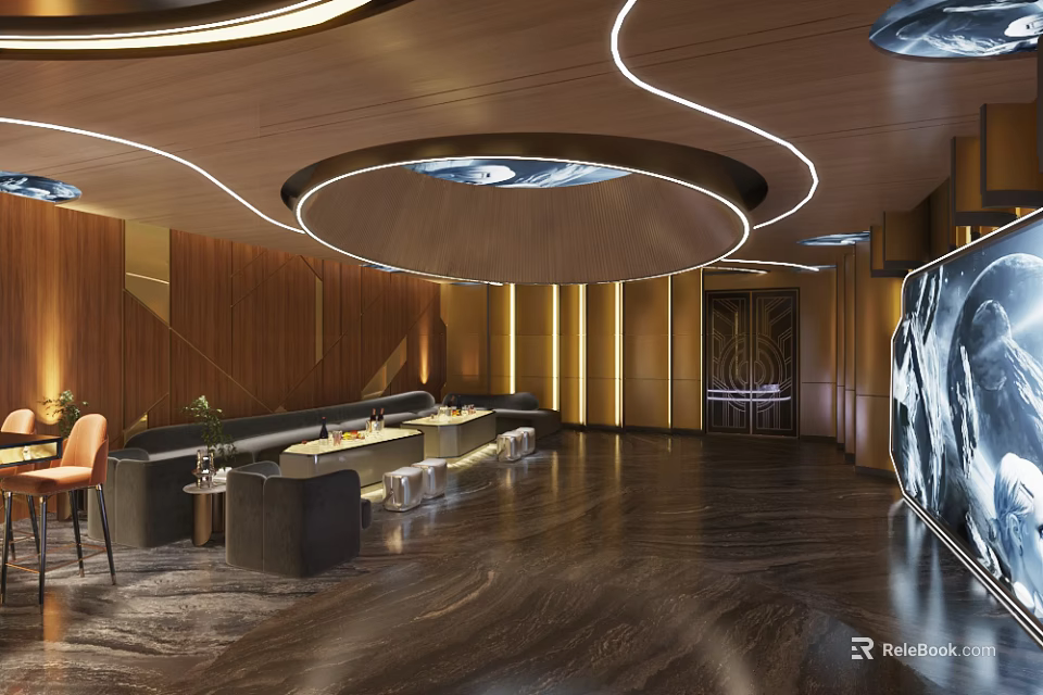 Luxurious KTV Interior Design With Wooden Ceiling Modern Lighting And Sofa Seating 3d model 