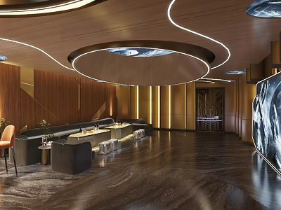 Luxurious KTV Interior Design With Wooden Ceiling Modern Lighting And Sofa Seating 3d model