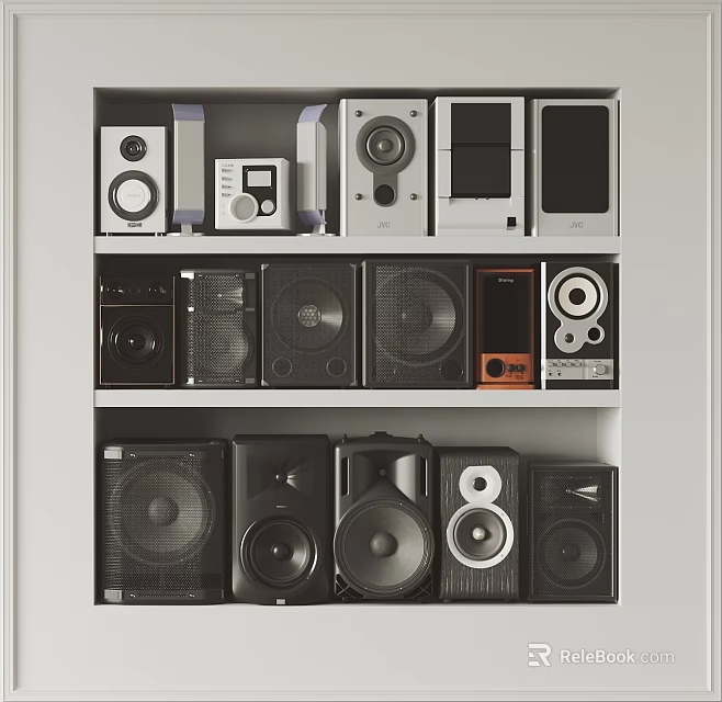 Headphones And Audio Speakers On Display Shelves With Various Designs And Models 3d model 