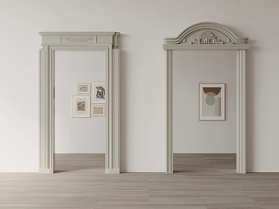 Decorative White Door Frames With Ornate Tops And Artworks On Light Wall And Wooden Floor 3d model