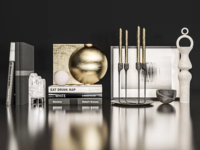 Decorative Ornament Set with Books Gold Spherical Ornament Candles Holders White Sculpture and Picture Frame 3d model