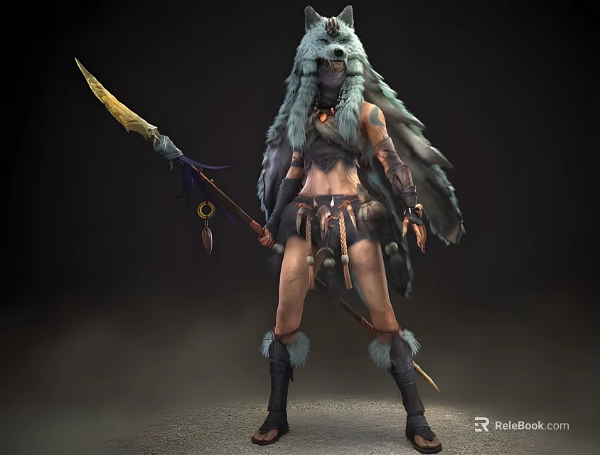 Woman in Wolf Head Decorated Outfit Holding Spear with Feather Details 3d model 