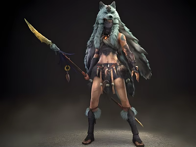 Woman in Wolf Head Decorated Outfit Holding Spear with Feather Details 3d model