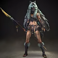 Woman in Wolf Head Decorated Outfit Holding Spear with Feather Details