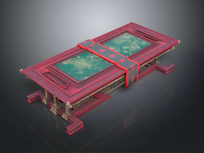 Red Framed Decorative Table With Green Glass Tabletop And Ornate Structure Design 3d model
