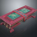 Red Framed Decorative Table With Green Glass Tabletop And Ornate Structure Design 3d model