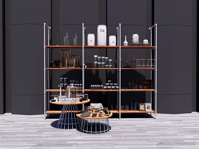Multi Tiered Shelving Unit With Decorative Bottles Jars And Small Round Tables In Modern Space 3d model